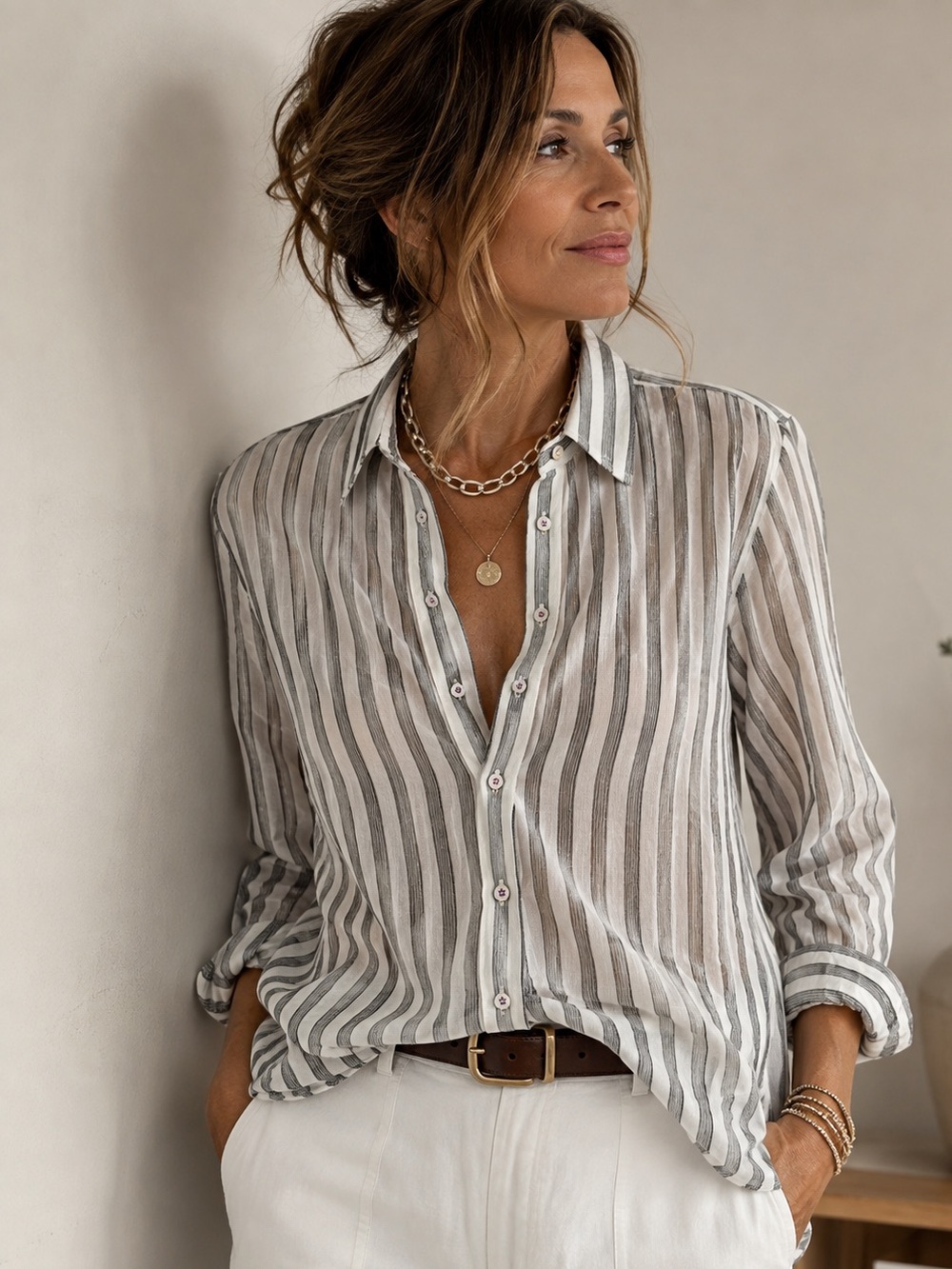 Robert Graham Sheer Striped Button Down Shirt White Gray Size L